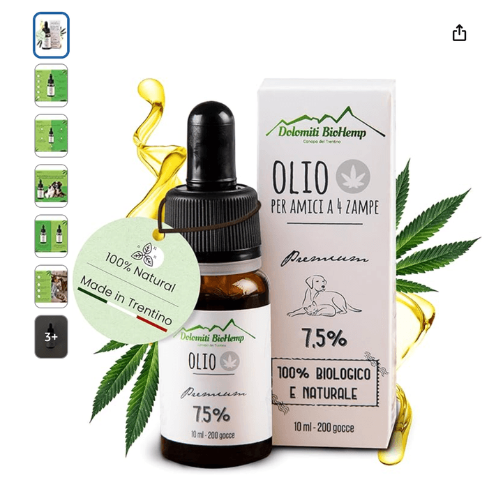 Optimized hero image of the same product: hemp leaves, pouring oil and a 100% Natural · Made in Trentino tag