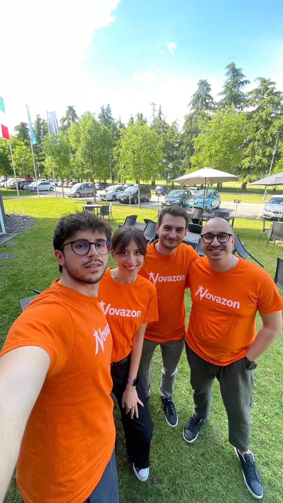 The Novazon team in official shirts, in the field