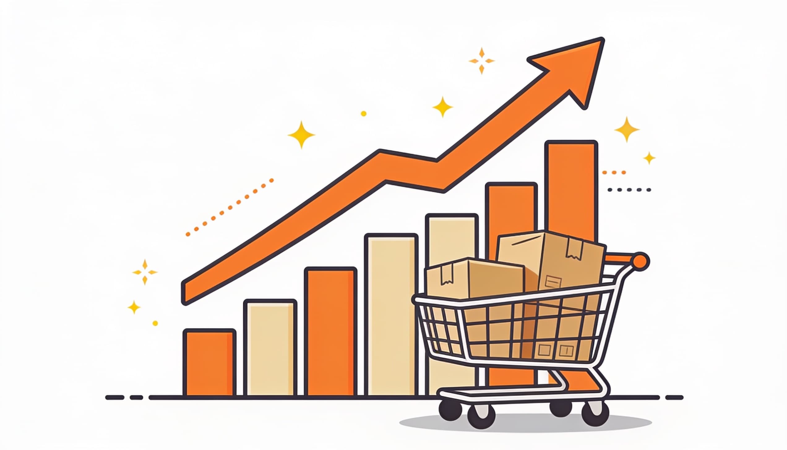 Stylized growth curve rising above an e-commerce cart