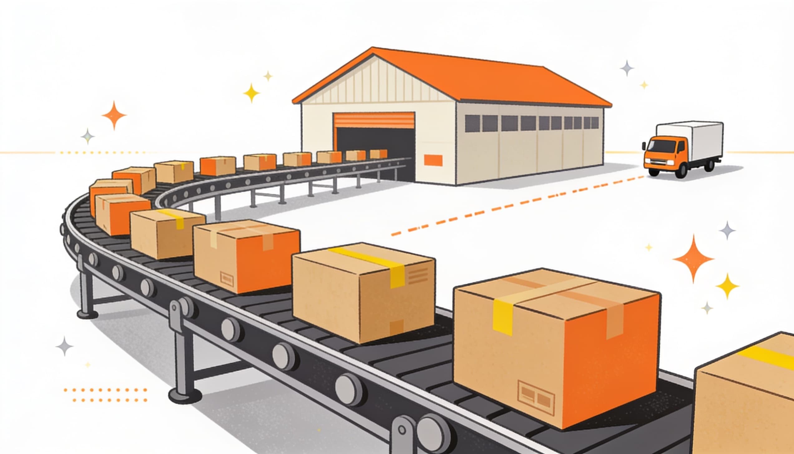 Conveyor belts and boxes in an automated warehouse