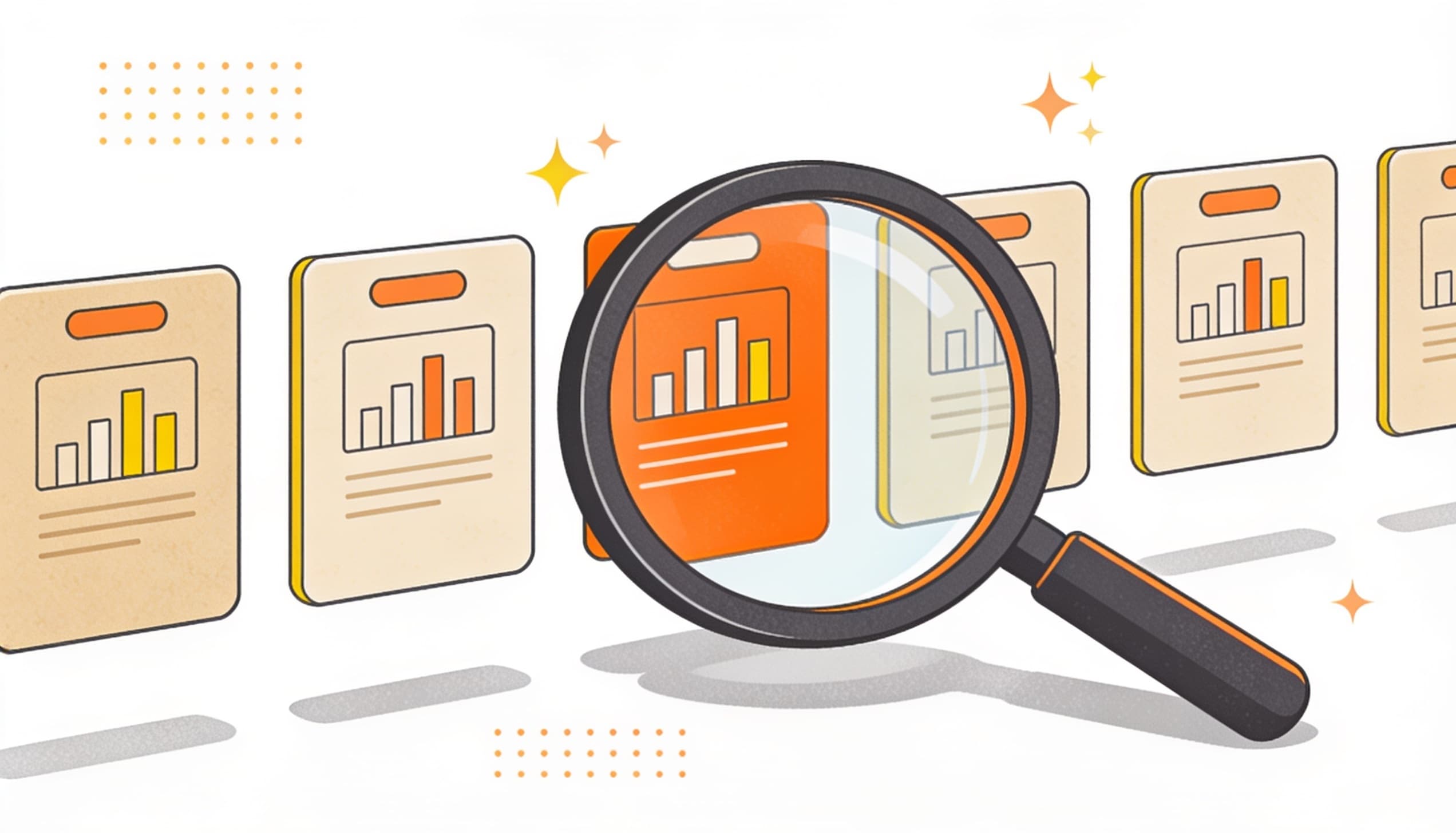 Magnifying glass over marketplace product listings and charts