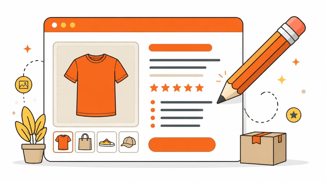 Stylized product page with text and image blocks, abstract illustration