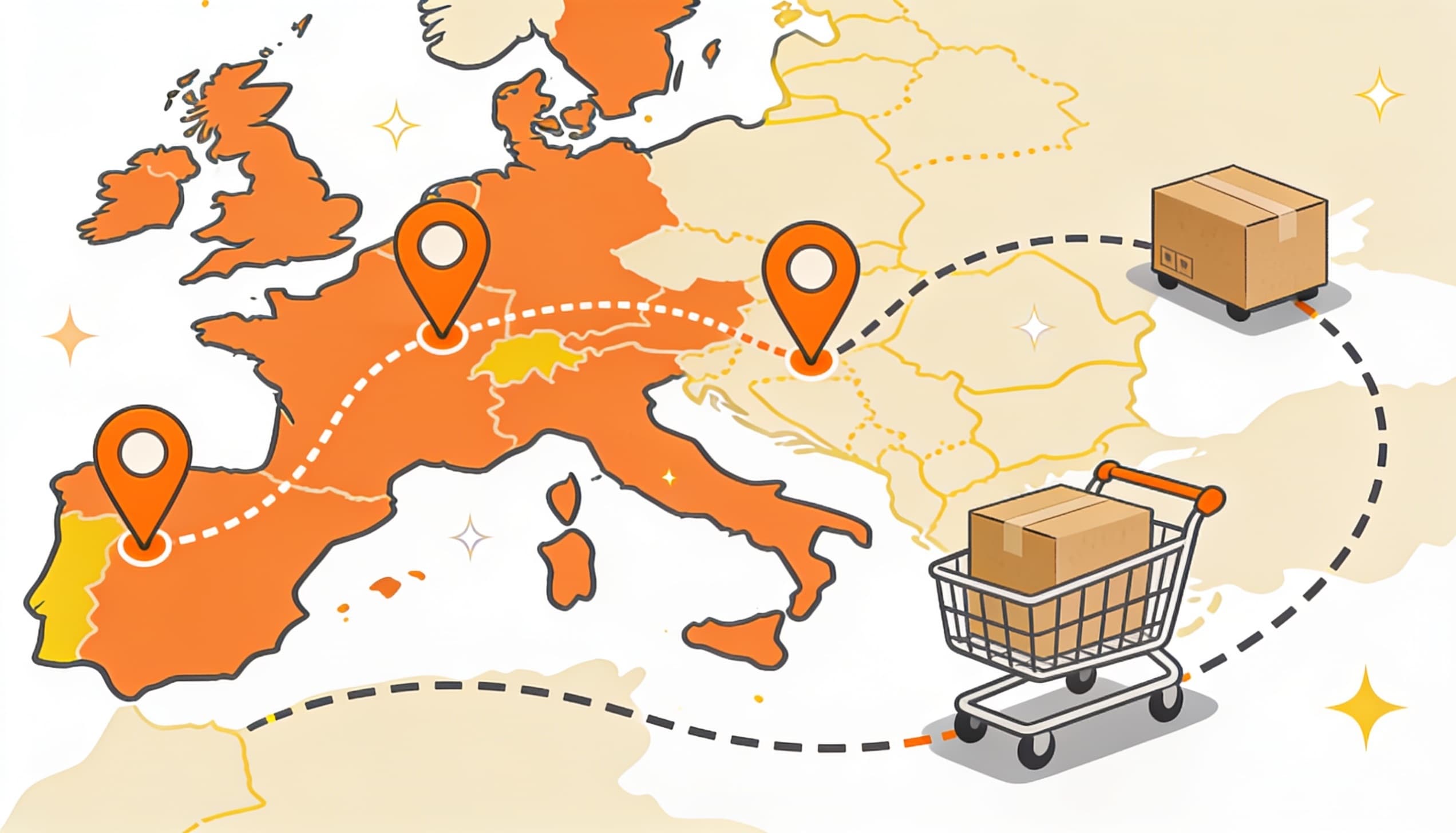 Stylized map of Europe with distribution routes and parcels in motion