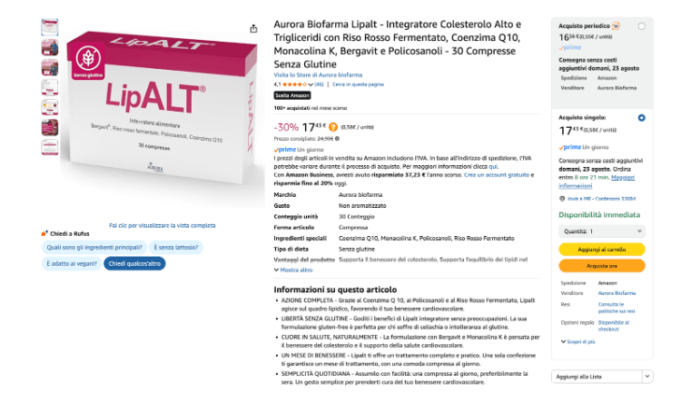 The LipALT listing after: full title, rich gallery, bullets and Amazon's Choice badge
