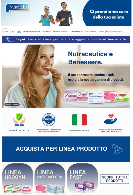 The NutraLabs Brand Store home page with the product lines