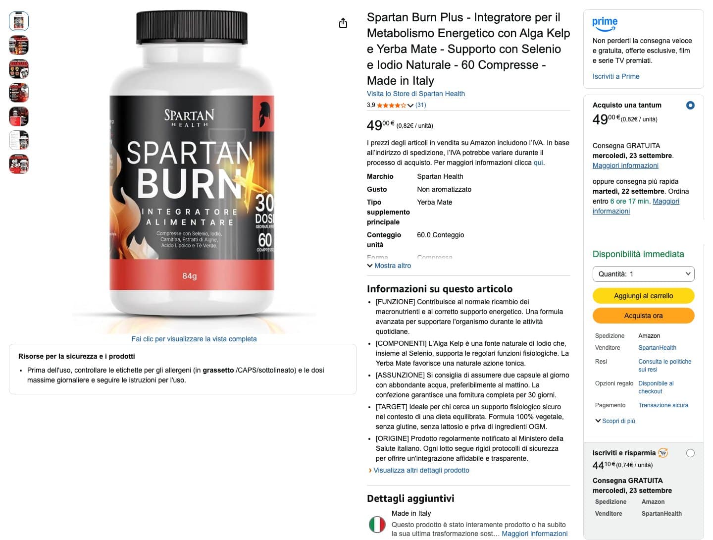 The Spartan Health thermogenic listing on Amazon.it: full title, seven-image gallery, themed bullets and Subscribe & Save enabled