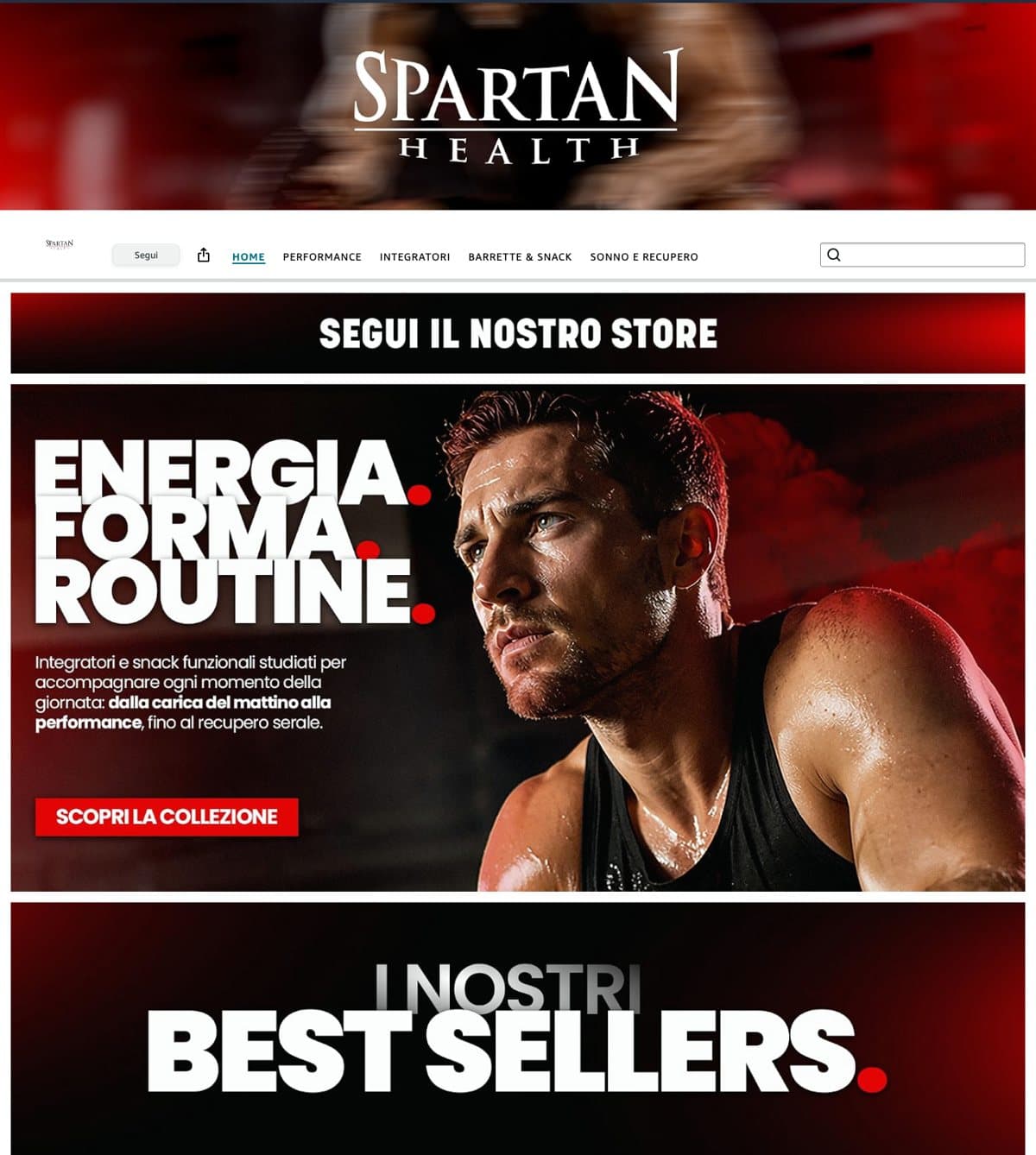The Spartan Health Brand Store on Amazon.it with the message Energia, forma, routine