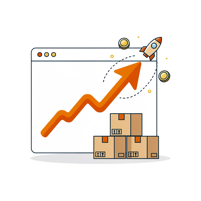 Animated illustration: growth chart with parcels and rocket