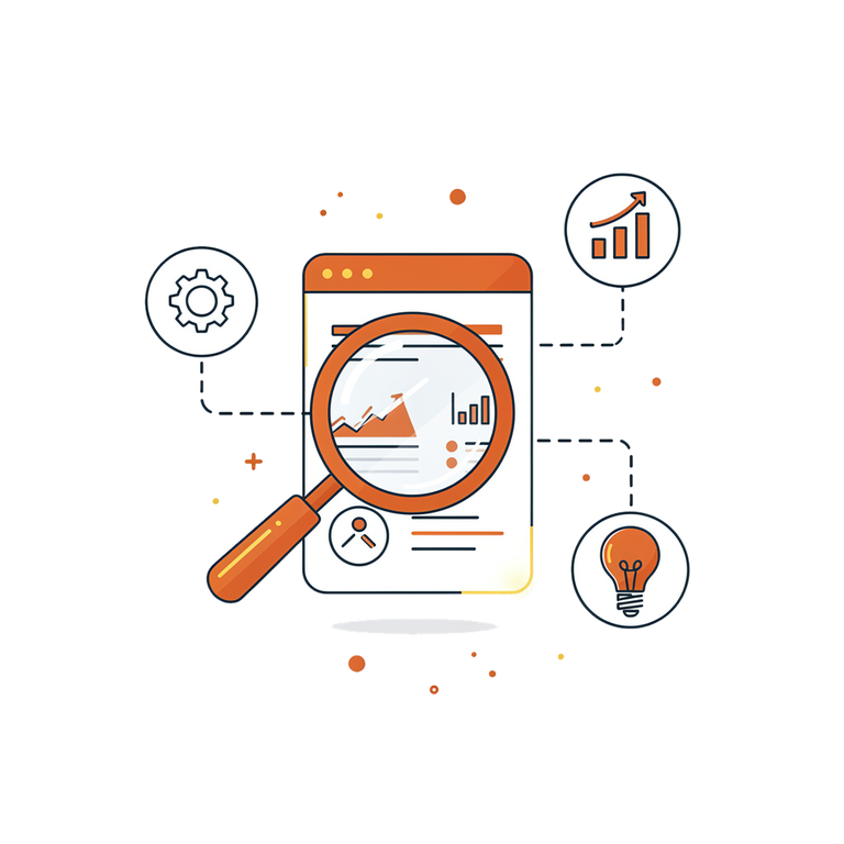 Animated illustration: data analysis with magnifier, charts and gears